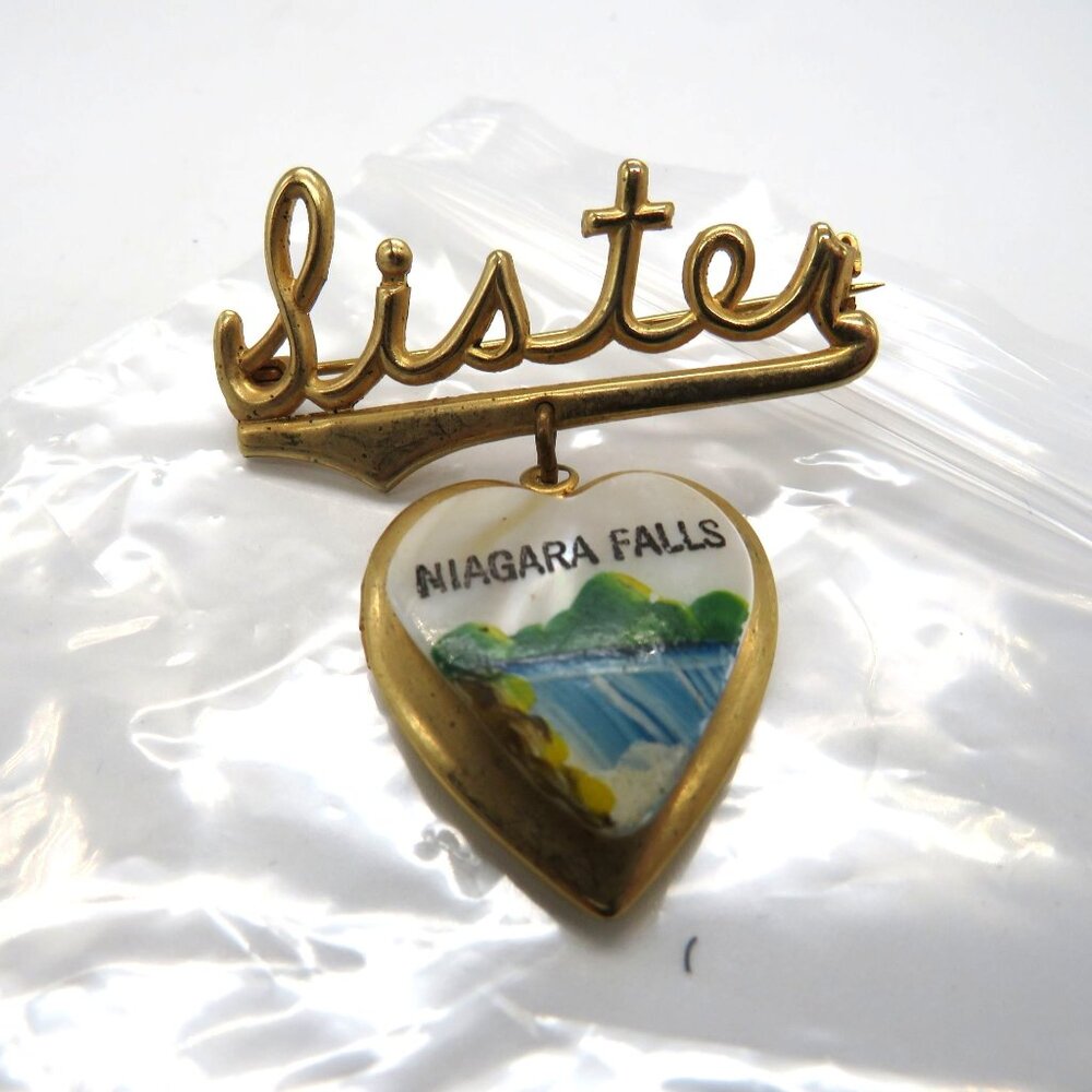 Vintage Sister Brooch Gold Tone Niagara Falls Hanging Heart‎ Locket Pin